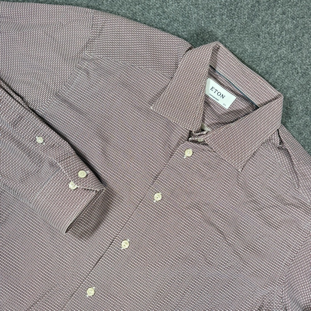 Eton Dress Shirt Mens 44/17.5 Red Contemporary Geometric Long Sleeve Formal